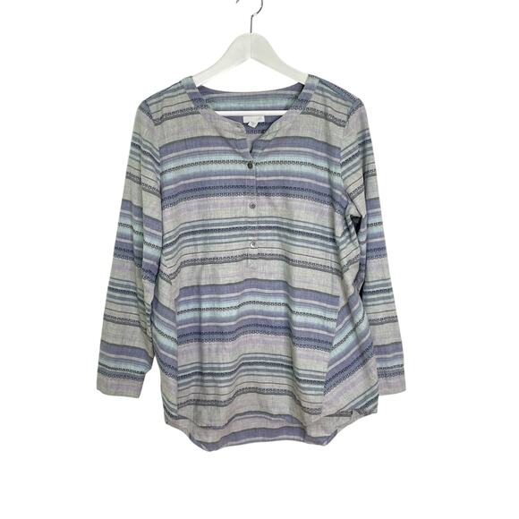 J. Jill Women Size M Gray Striped 100% Cotton Flannel Southwestern Popover Shirt - Picture 1 of 8
